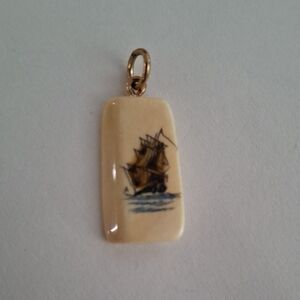Vintage Scrimshaw-style Pendent, Etched Ship Design